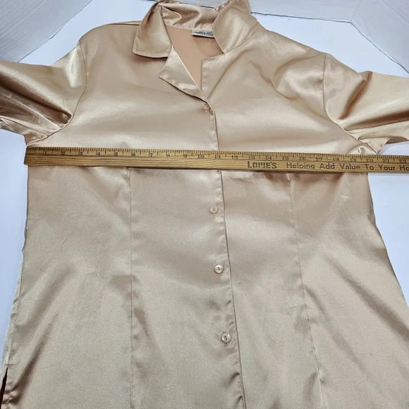 Vintage 80s Kathy Lee Collection Silky Blouse Sz L Shirt Preppy Academia Gold - Picture 3 of 8